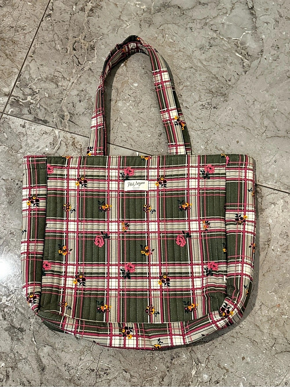 Petit Sézane Plaid Floral Tote in Green & Pink Like New